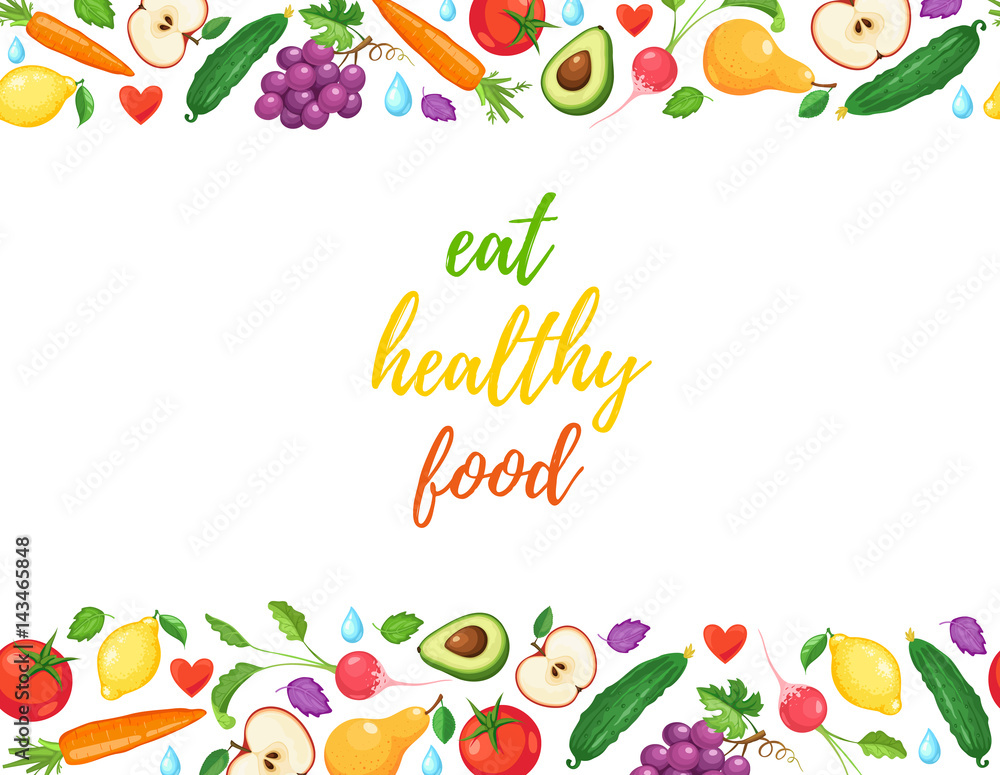 Eat healthy food banner with fresh fruits and vegetables isolated on white background. Horizontal composition from food. Eat healthy food banner with fresh fruits and vegetables isolated on white background. Horizontal composition from food.