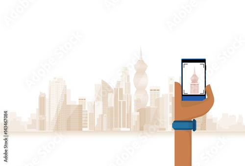 Hand Hold Cell Smart Phone Taking Photo Of Modern City Flat Vector Illustration