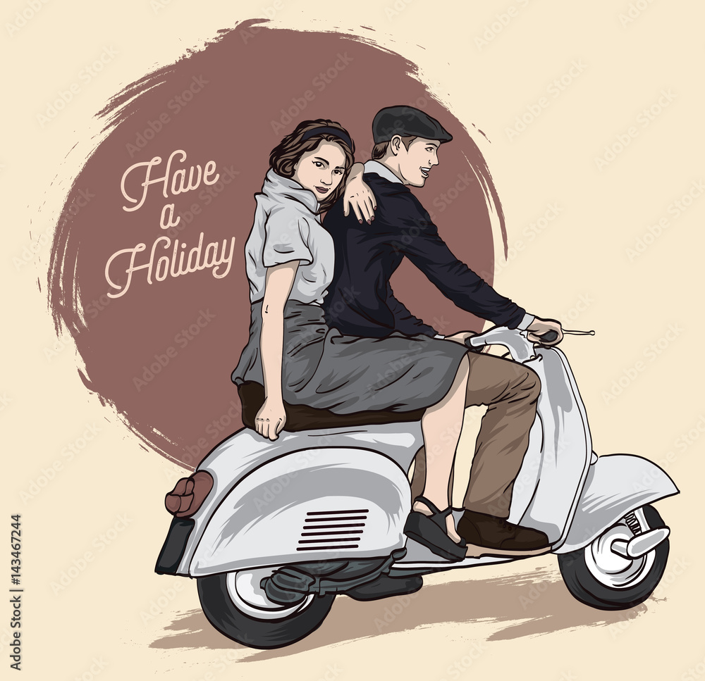 Couple on a scooter. Happy riding together. retro illustration Stock Vector  | Adobe Stock