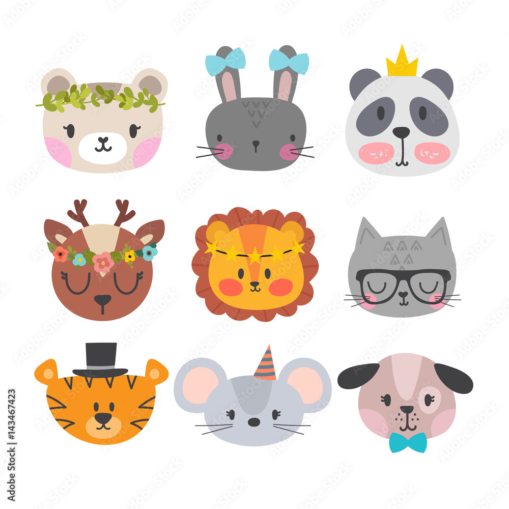 Cute animals with funny accessories. Set of hand drawn smiling characters. Cartoon zoo. Cat, lion, panda, dog, tiger, deer, bunny, mouse and bear