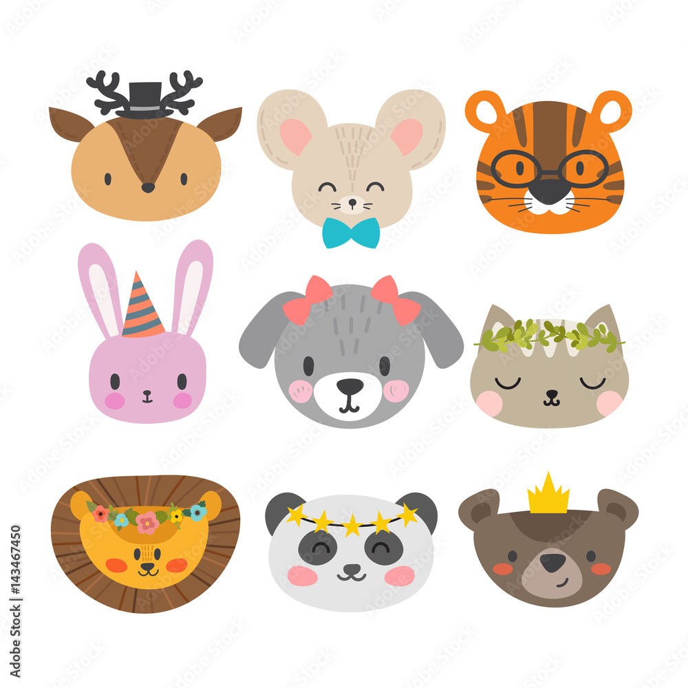 Obraz premium Cute animals with funny accessories. Set of hand drawn smiling characters. Cat, lion, dog, tiger, panda, deer, bunny, mouse and bear. Cartoon zoo