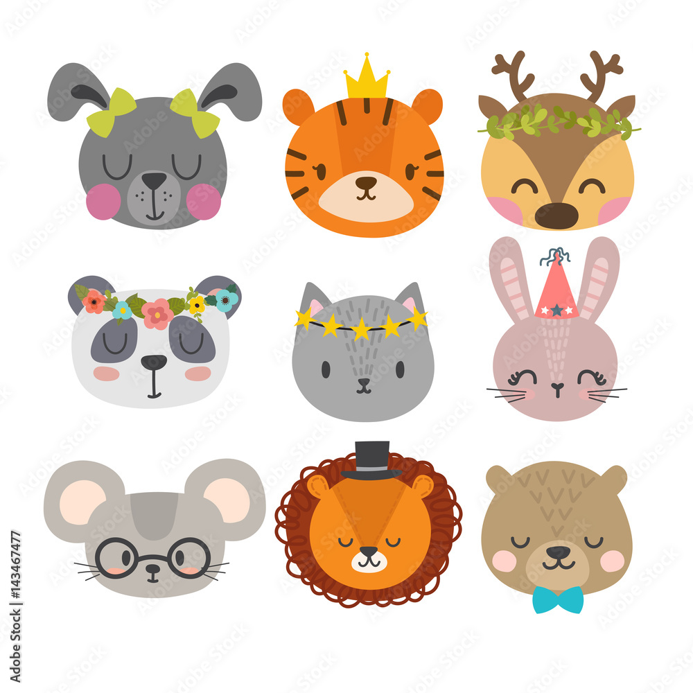 Cute animals with funny accessories. Set of hand drawn smiling characters. Cat, lion, panda, bunny, dog, tiger, deer, mouse and bear. Cartoon zoo Cute animals with funny accessories. Set of hand drawn smiling characters. Cat, lion, panda, bunny, dog, tiger, deer, mouse and bear. Cartoon zoo