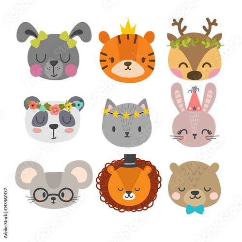 Fototapeta Naklejka Na Ścianę i Meble -  Cute animals with funny accessories. Set of hand drawn smiling characters. Cat, lion, panda, bunny, dog, tiger, deer, mouse and bear. Cartoon zoo