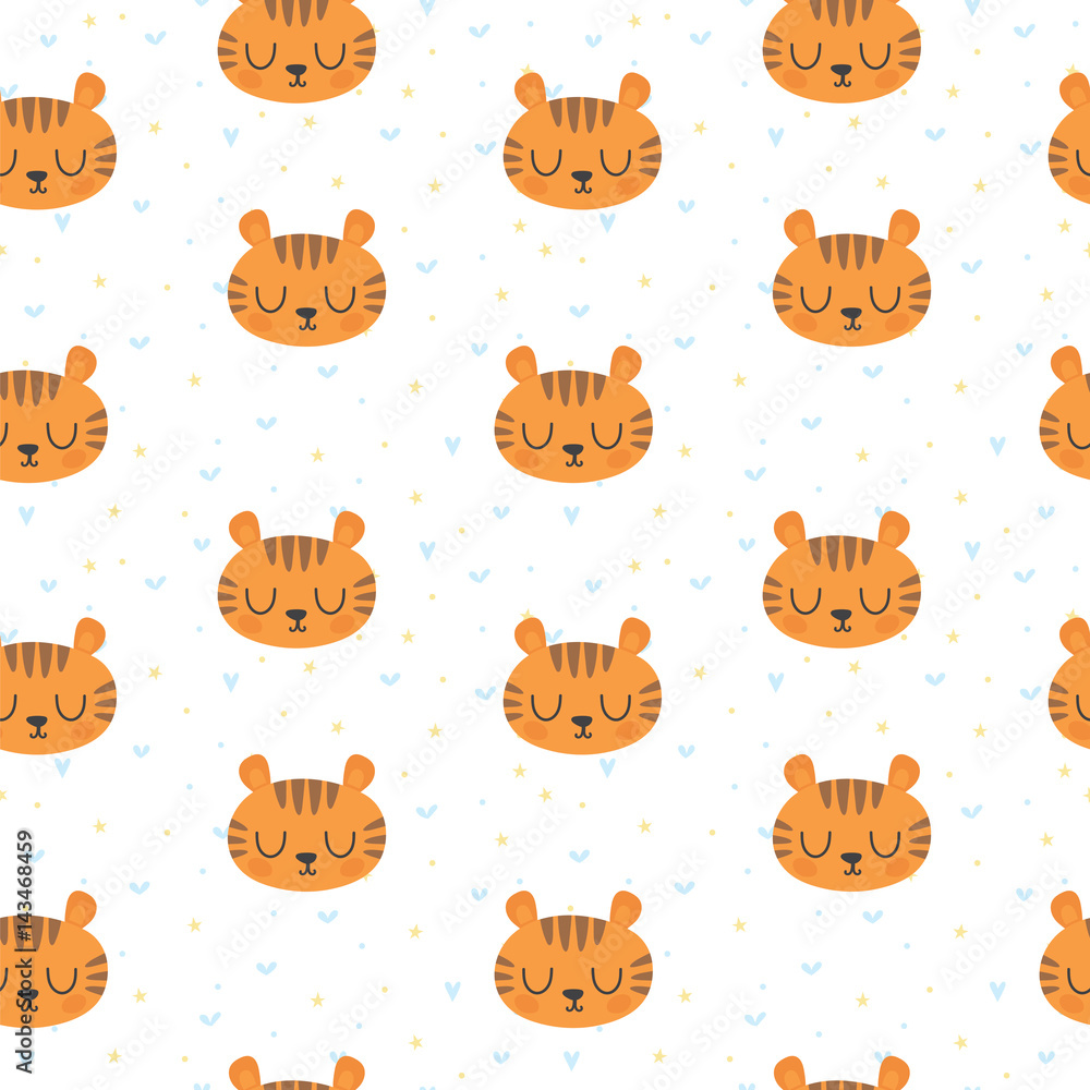 Cute seamless pattern for children with funny tigers. Smile characters