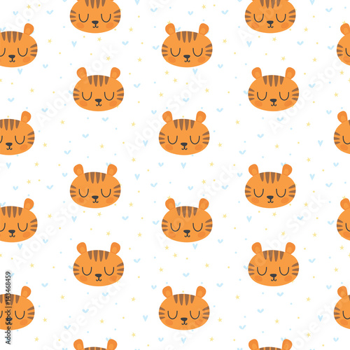 Fototapeta Naklejka Na Ścianę i Meble -  Cute seamless pattern for children with funny tigers. Smile characters