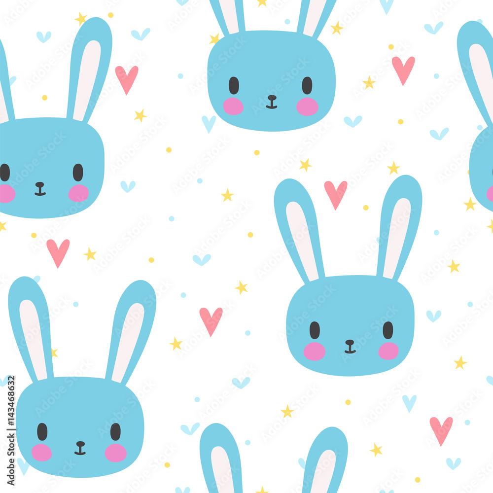 Fototapeta premium Cute seamless pattern for little boys with funny bunny. Smile characters