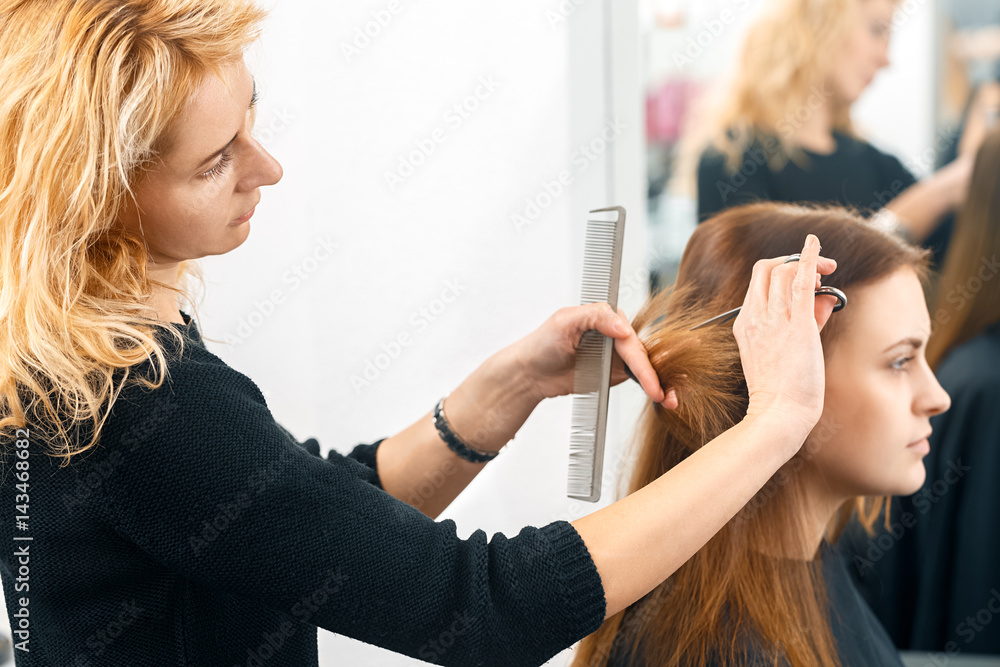 Naklejka premium No more split ends. Horizontal shot of a hairdresser working at the beauty salon