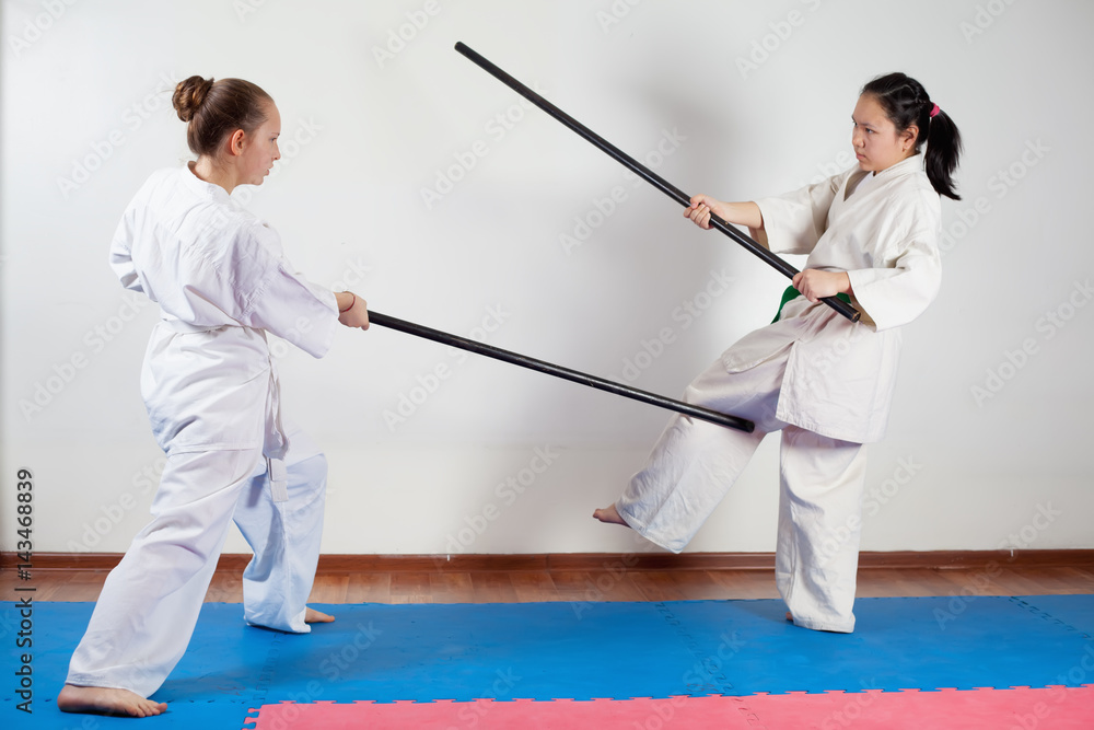 Two girls demonstrate martial arts working together Two girls demonstrate martial arts working together
