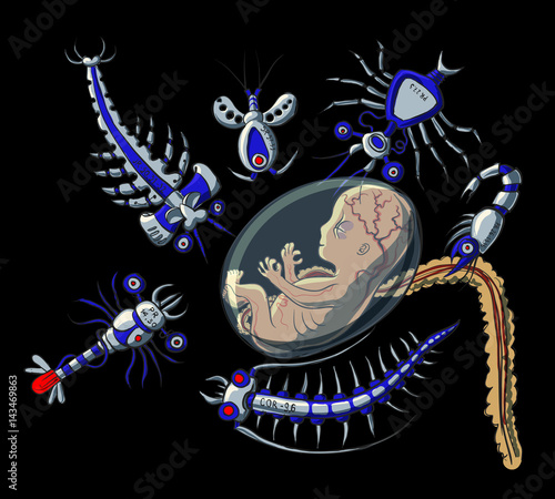 The unborn in the modern nano technology capsule surrounded with robotized plankton