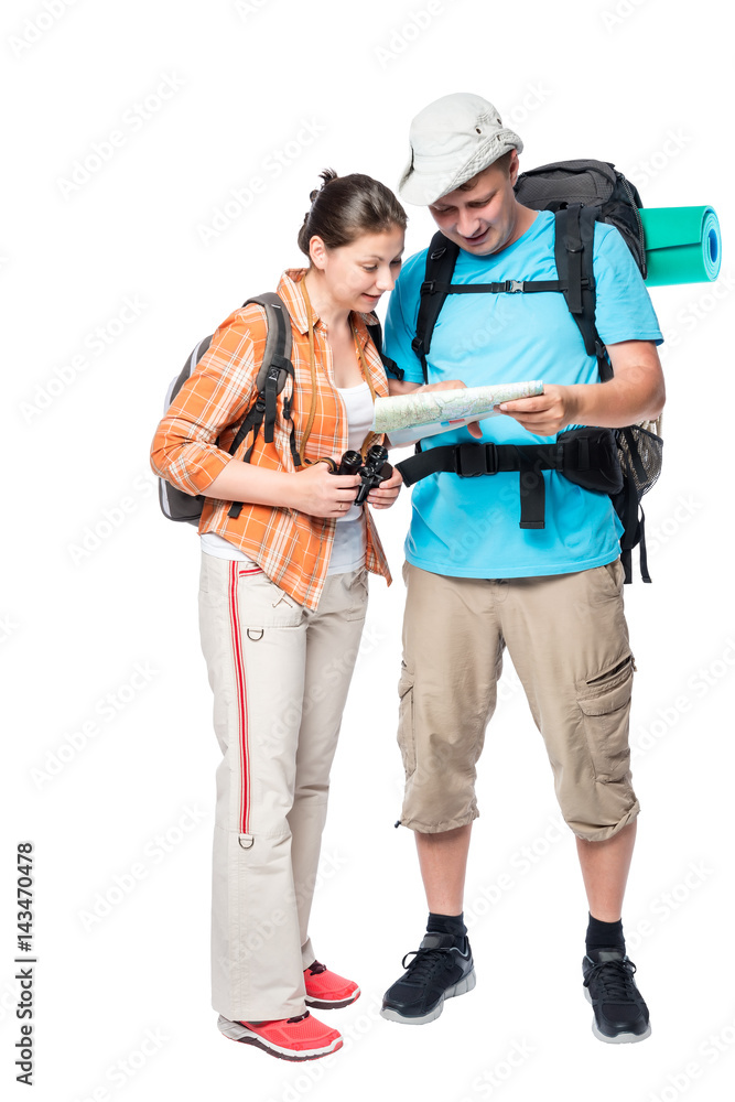 couple travelers with backpacks and map on a white background couple travelers with backpacks and map on a white background