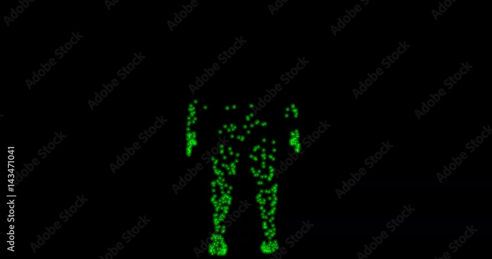 Man's body being formed by glowing green particles. 3d animation
