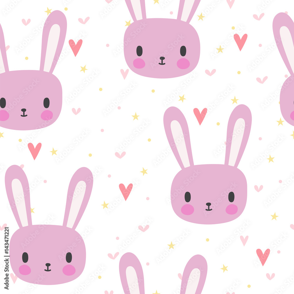 Naklejka premium Cute seamless pattern for little girls with funny bunny. Smile characters