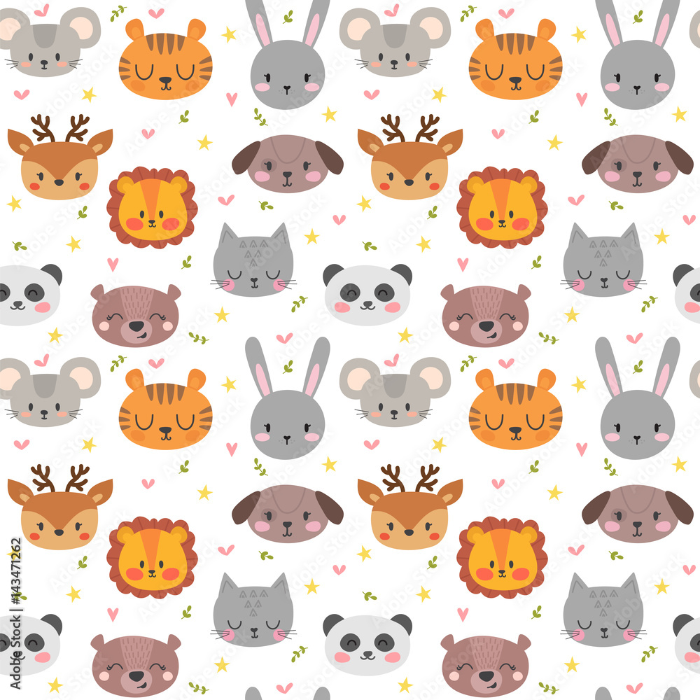 Cute seamless pattern with funny animals. Smile characters