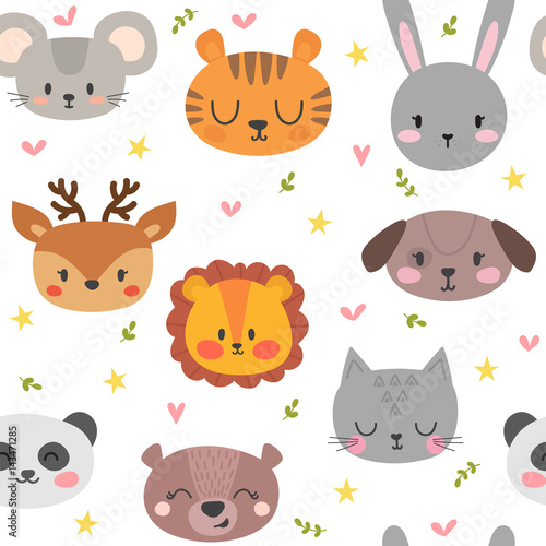 Fototapeta Naklejka Na Ścianę i Meble -  Cute seamless pattern with funny animals. Smile