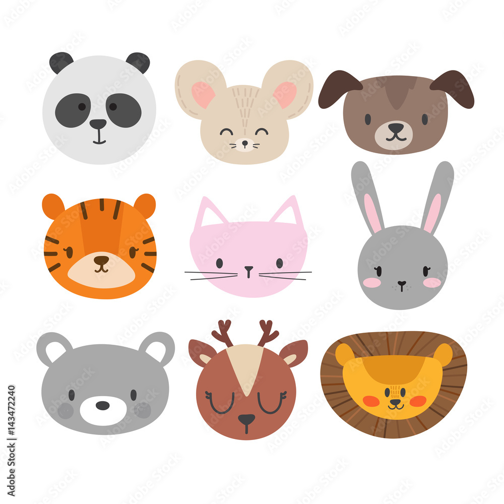 Set of cute hand drawn smiling animals. Cat, bunny, panda, lion, tiger,  dog, deer, mouse and bear. Cartoon zoo Stock Vector | Adobe Stock
