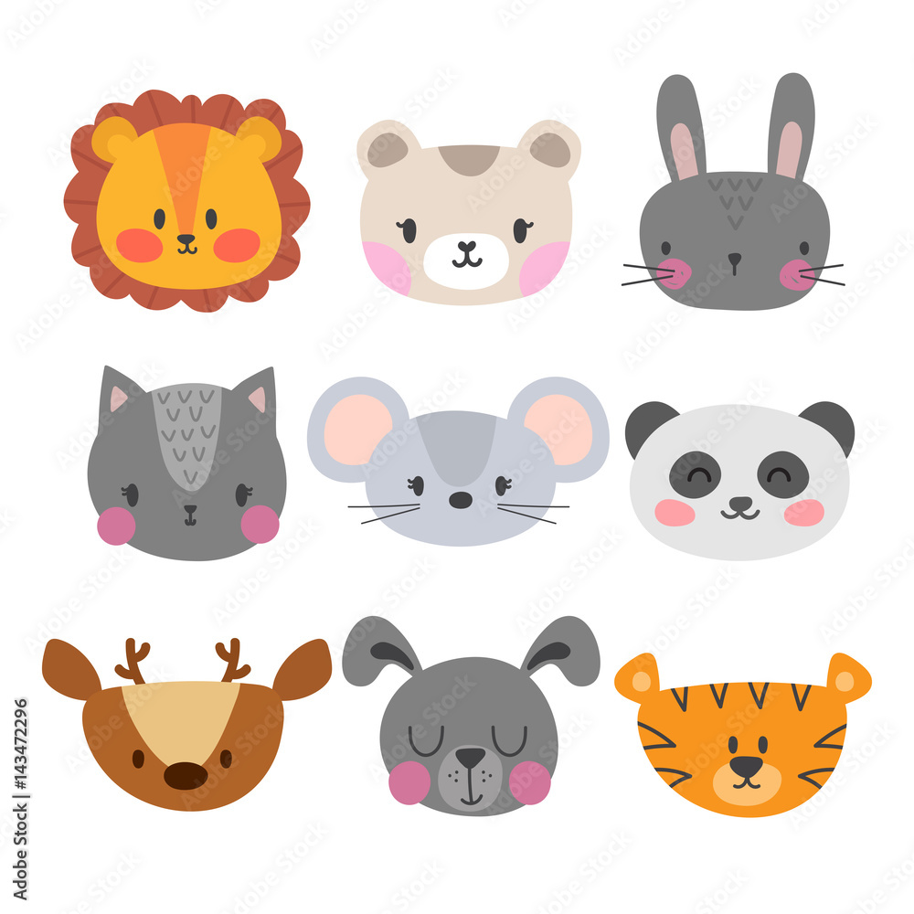 Set of cute hand drawn smiling animals. Cat, lion, panda, tiger, dog, deer,  bunny, mouse and bear. Cartoon zoo Stock Vector | Adobe Stock