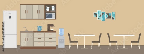 Dining room in the office. There are tables, chairs, kitchen cabinets, a fridge, a microwave, a kettle and a coffee machine in the image. There is a picture on the wall. Vector flat illustration.