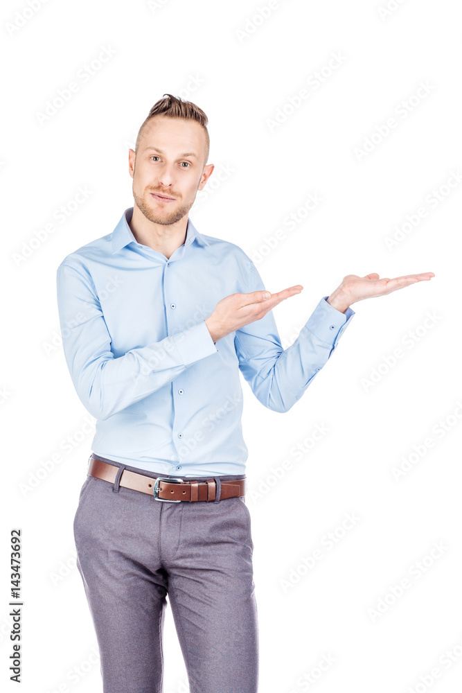 man presenting or showing something your text or product. human emotion expression and lifestyle concept. image on a white studio background. man presenting or showing something your text or product. human emotion expression and lifestyle concept. image on a white studio background.