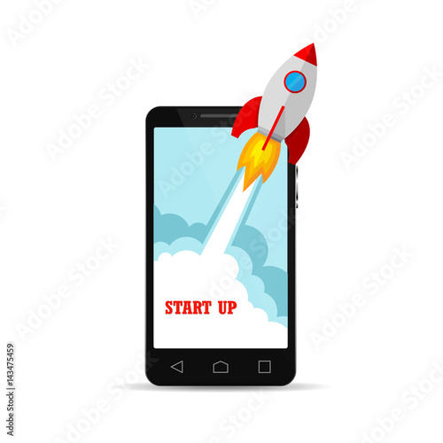 The spacecraft crashes outside smartphone screen. Vector illustration. Concept of business start-up.