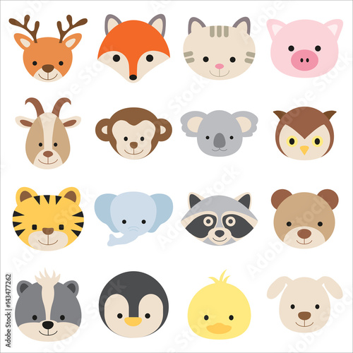 Vector illustration of animal faces, including deer, Fox,cat,pig,goat,monkey,Koala,owl,tiger,elephant,raccoon,bear,penguin,duck and dog.
