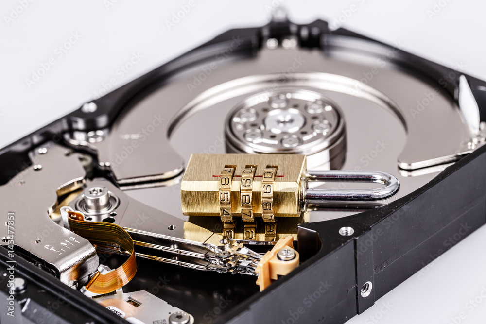 lock on hdd or harddrive, part of computer, cyber security concept lock on hdd or harddrive, part of computer, cyber security concept