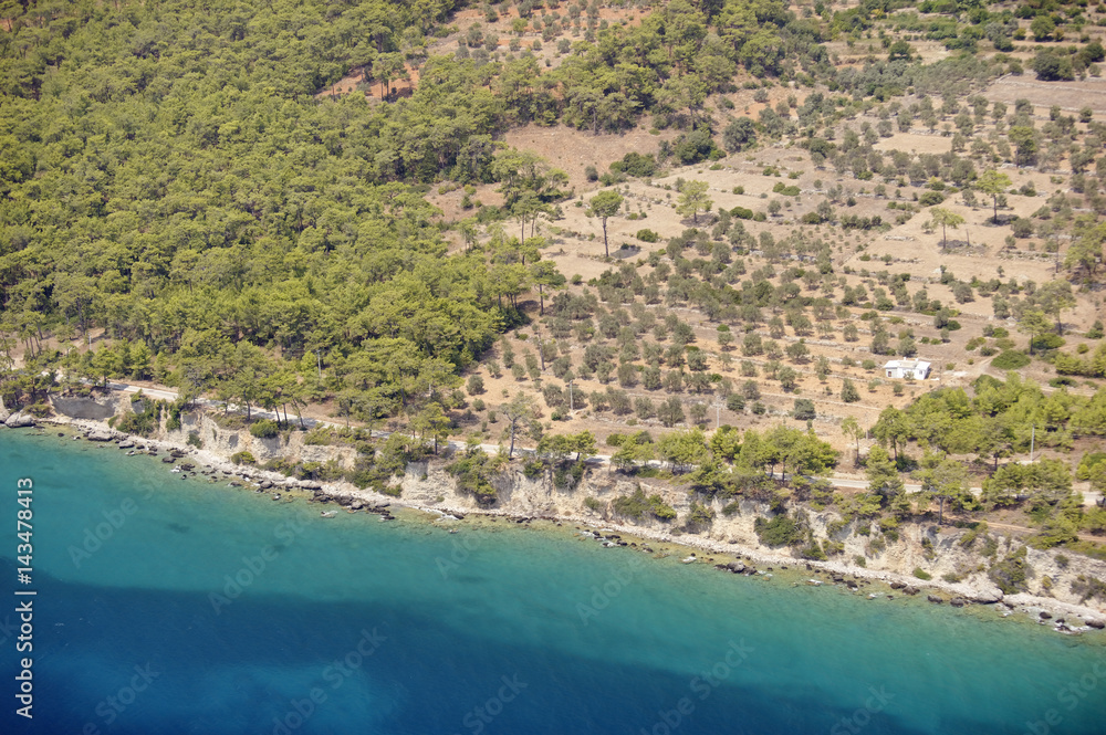 Aerial view of human impact on natural coastal vegetation olive plantations Gokova Turkey