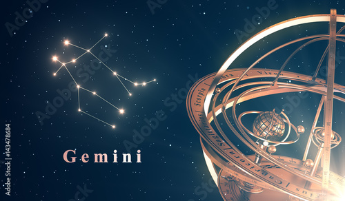 Zodiac Constellation Gemini And Armillary Sphere Over Blue Background