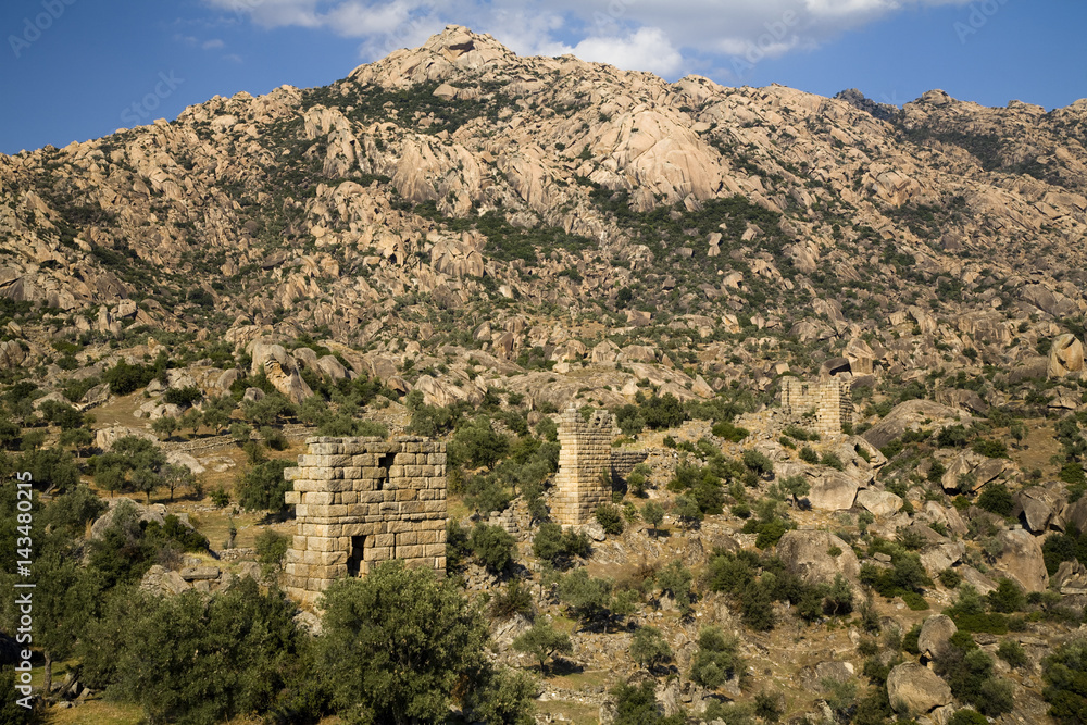Ancient Heracleia ruins and Latmos Mountains in Bafa Lake National Park Turkey Ancient Heracleia ruins and Latmos Mountains in Bafa Lake National Park Turkey