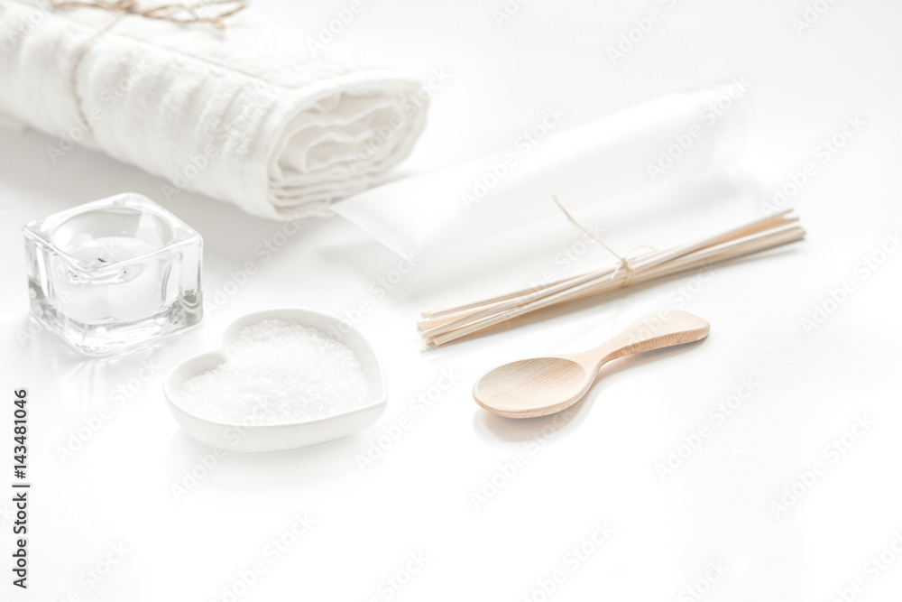 monochrome cosmetic set in SPA concept on white background monochrome cosmetic set in SPA concept on white background