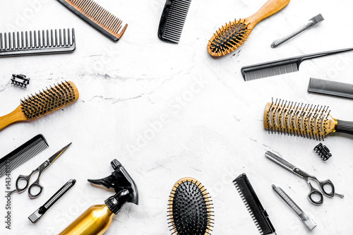 hairdressing concept with barber tools on white background top view mock up