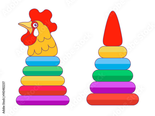 Kids toys. Multi-colored pyramid with the top in the form of the head of the cock and in the form of a cone. Vector