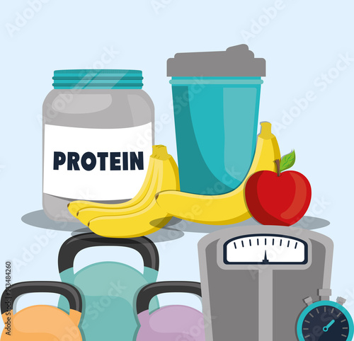 protein food fruit juice weight gym vector illustration eps 10