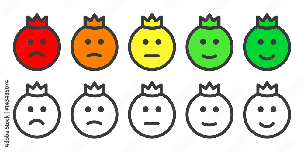 Emoji prince icons, emoticons for rate of satisfaction level. Five grade smileys for using in surveys. Isolated vector illustration on white background Emoji prince icons, emoticons for rate of satisfaction level. Five grade smileys for using in surveys. Isolated vector illustration on white background