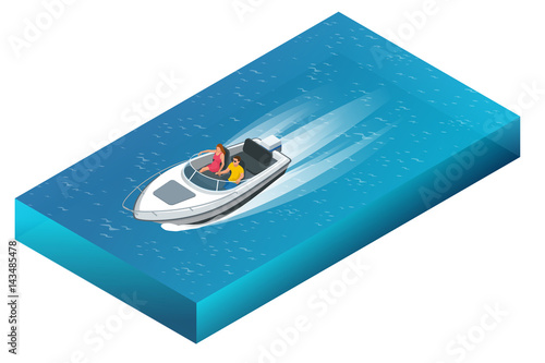 A luxurious powerboat with man and woman cruising through beautiful blue waters. Flat 3d vector isometric illustration