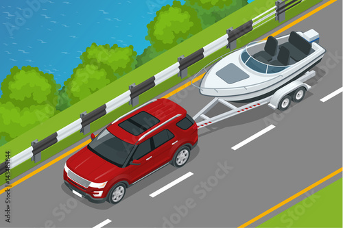 The SUV drives a motor boat along the road along the sea. Summer vacation on the sea and motor boat rides. Vector isometric icon or infographic element
