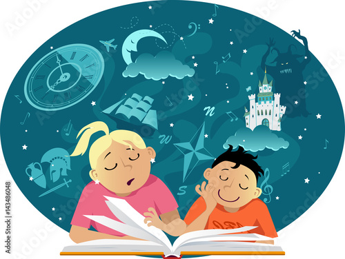 Older girl is reading a book to a little boy, imaginary fantastic images hovering over them, EPS 8 vector illustration, no transparencies