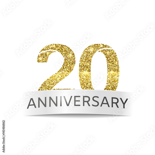 Twenty year anniversary. The banner 20th birthday Golden color