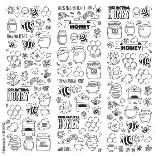 Honey market, bazaar, honey fair Doodle images of bees, flowers, jars, honeycomb, beehive, spot, the keg with lettering sweet honey, natural honey, sweet bees
