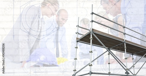 3D scaffolding with architects and blueprint background
