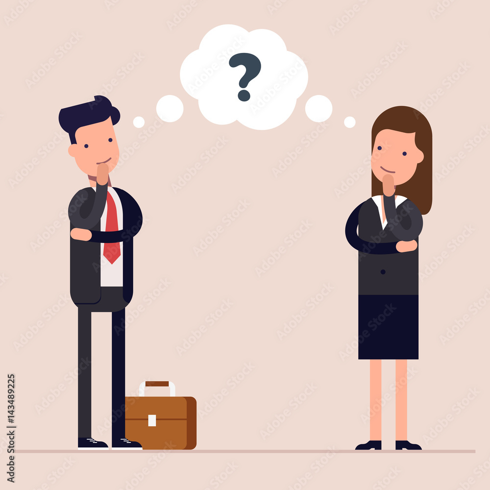 Businessman and businesswoman or managers thinks. Question mark in speech bubble. Concept of the thought process. Flat characte in cartoon style. Businessman and businesswoman or managers thinks. Question mark in speech bubble. Concept of the thought process. Flat characte in cartoon style.