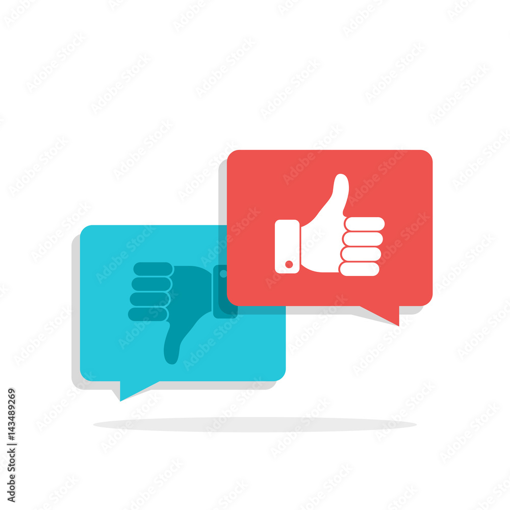 Thumbs up and Thumbs down symbol in speech bubbles. Social network, social media concept for websites, web banner. Long shadow. Flat vector illustration isolated on white background. Thumbs up and Thumbs down symbol in speech bubbles. Social network, social media concept for websites, web banner. Long shadow. Flat vector illustration isolated on white background.