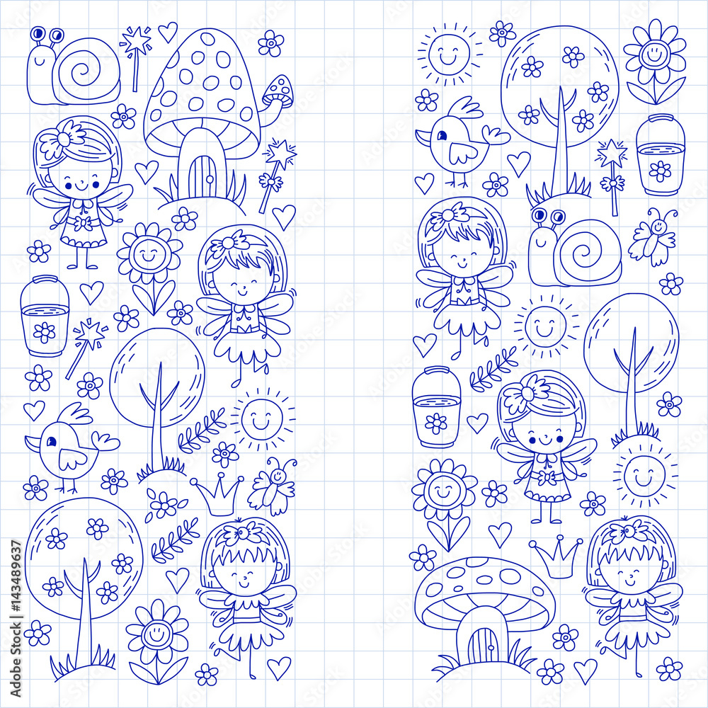 Illustration of magic forest with Fairies Doodle pattern for girls and kindergarten, children shop Kids drawing style Illustration of magic forest with Fairies Doodle pattern for girls and kindergarten, children shop Kids drawing style