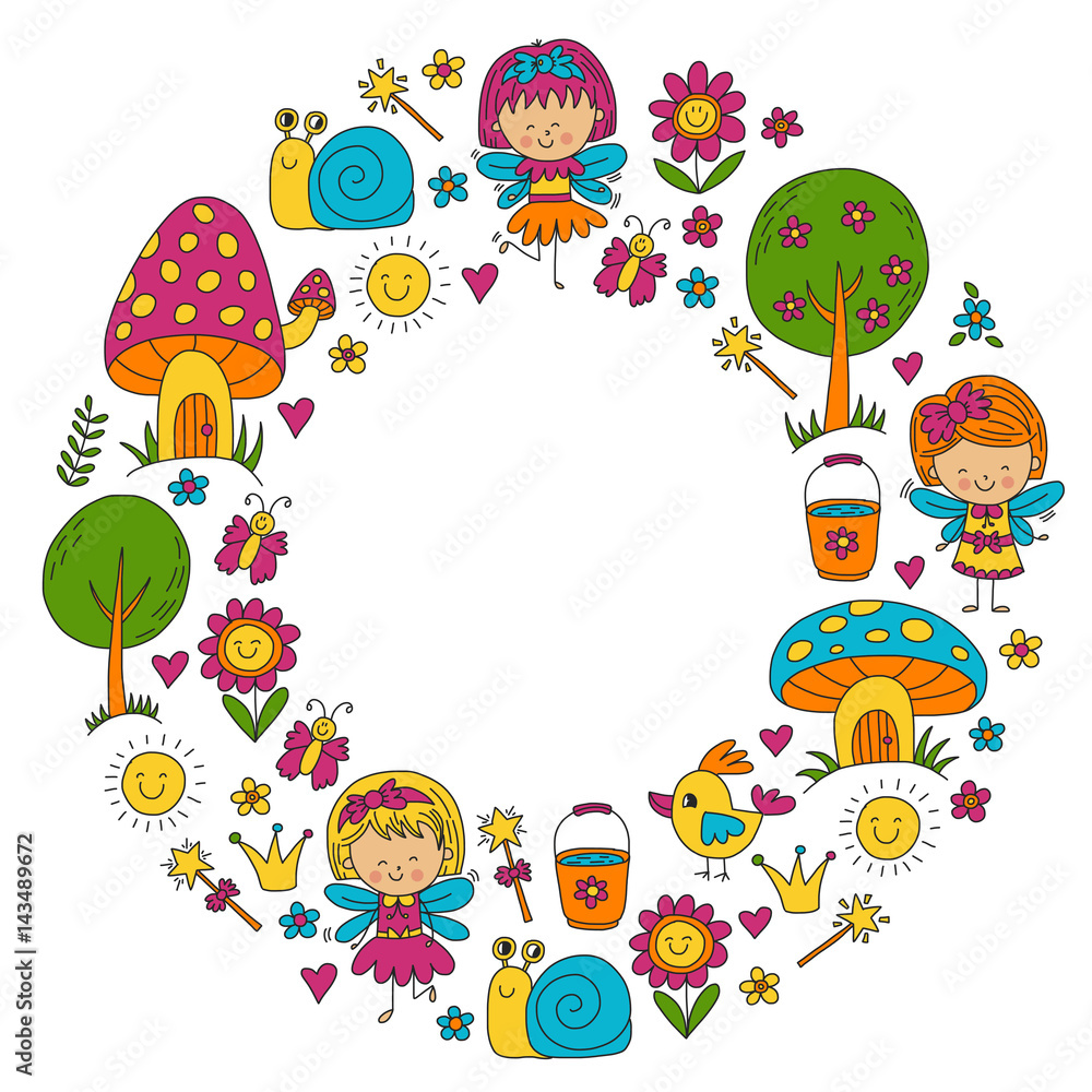 Illustration of magic forest with Fairies Doodle pattern for girls and kindergarten, children shop Kids drawing style