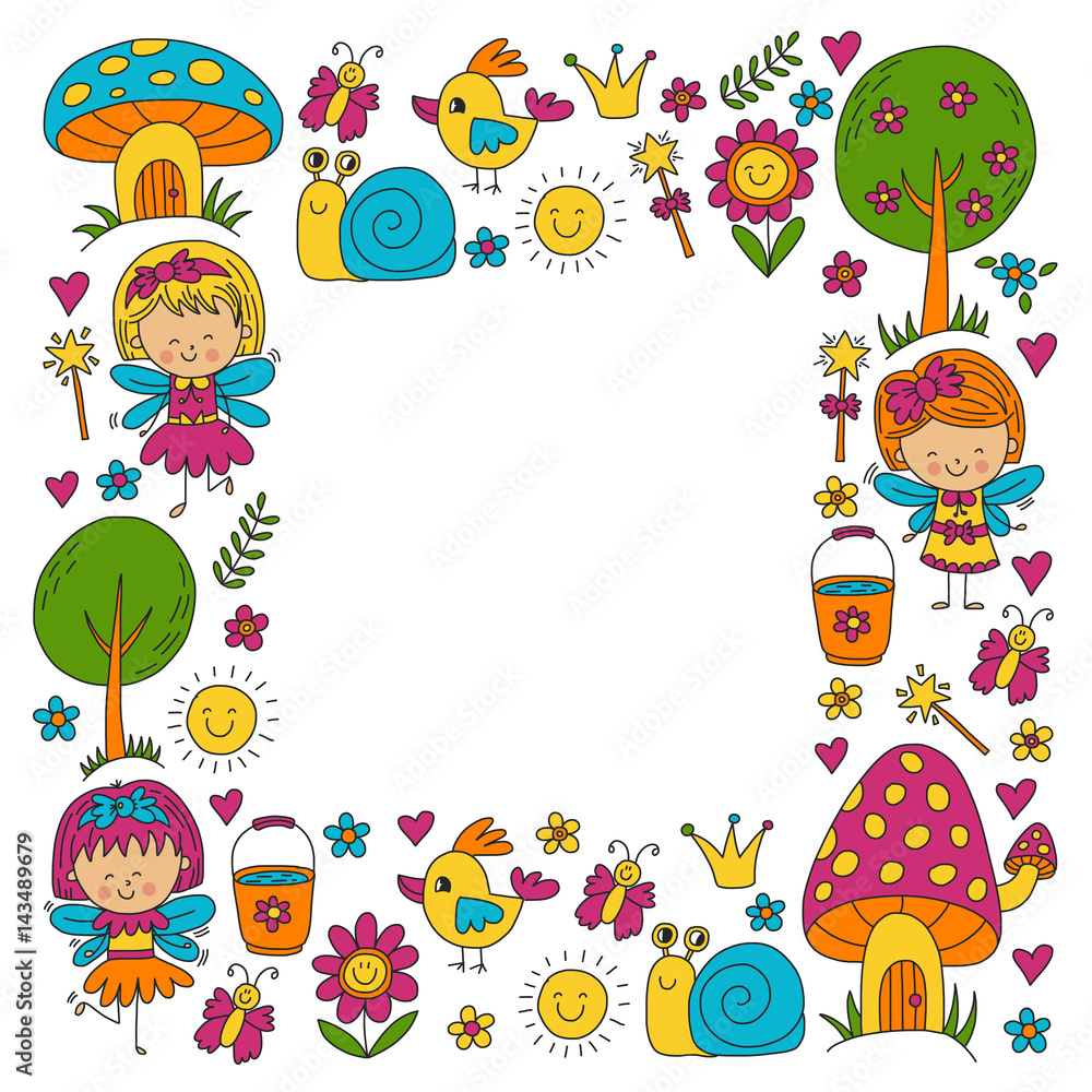 Illustration of magic forest with Fairies Doodle pattern for girls and kindergarten, children shop Kids drawing style Illustration of magic forest with Fairies Doodle pattern for girls and kindergarten, children shop Kids drawing style