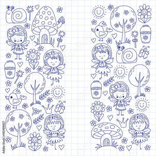 Illustration of magic forest with Fairies Doodle pattern for girls and kindergarten  children shop Kids drawing style