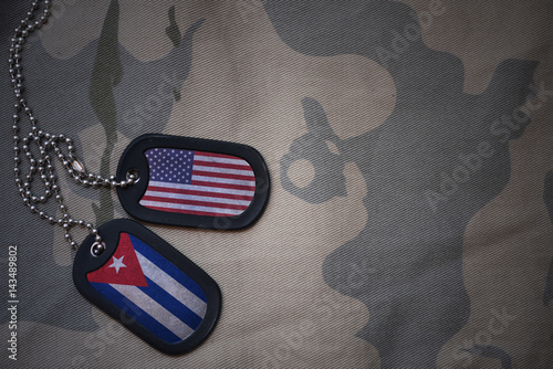 Bild auf Leinwand army blank, dog tag with flag of united states of america and cuba on the khaki texture background