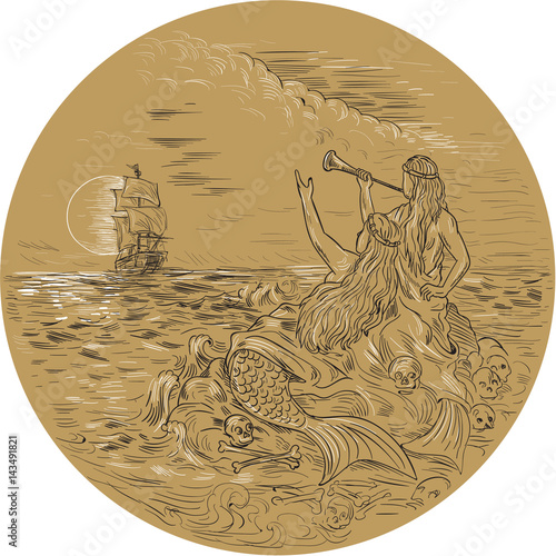 Siren On Island Waving Calling Tall Ship Circle Drawing