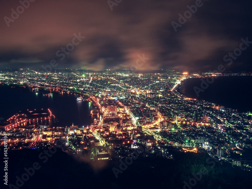 Hakodate City view from the top of mountain Hakodate at Night, Hokkaido, Japan