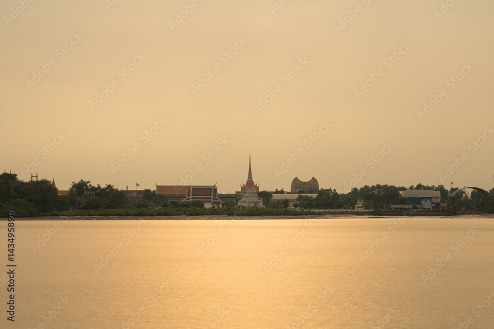 THAILAND, SAMUTPRAKAN, 07 APRIL 2017, Pagoda at riverside with sunset.