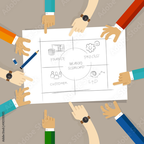 balanced score card diagram in business measure planning drawing. discuss plan drawing hand on paper. concept of teamwork collaboration and participation